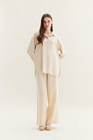 Wide Leg Keten Karışımlı Geniş Paça Pantolon