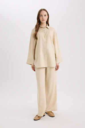 Wide Leg Keten Karışımlı Geniş Paça Pantolon
