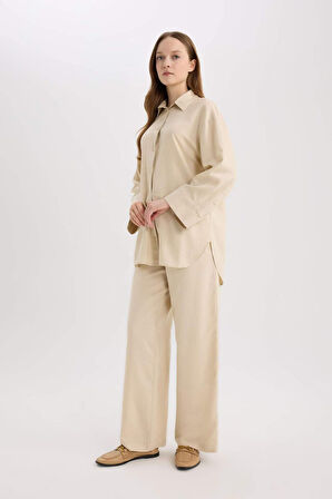 Wide Leg Keten Karışımlı Geniş Paça Pantolon