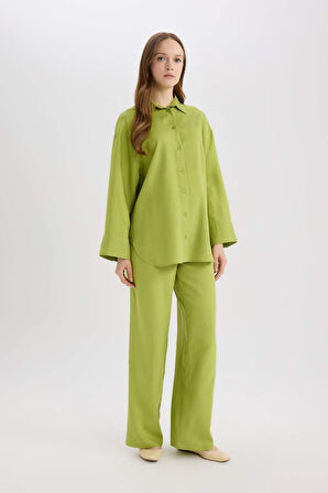 Wide Leg Keten Karışımlı Geniş Paça Pantolon