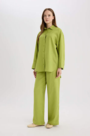 Wide Leg Keten Karışımlı Geniş Paça Pantolon