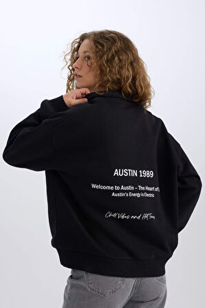 DeFacto Oversize Geniş Kalıp Yarım Fermuarlı Sırt Baskılı Sweatshirt E1525AX24WNBK81