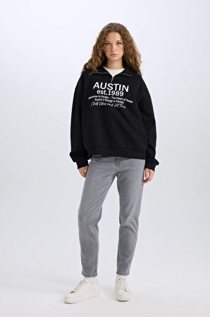DeFacto Oversize Geniş Kalıp Yarım Fermuarlı Sırt Baskılı Sweatshirt E1525AX24WNBK81