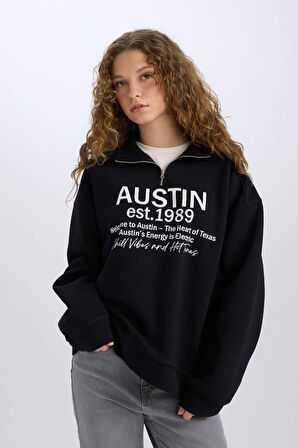 DeFacto Oversize Geniş Kalıp Yarım Fermuarlı Sırt Baskılı Sweatshirt E1525AX24WNBK81
