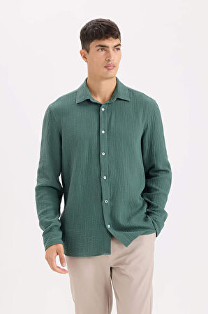 DeFacto Regular Fit Polo Yaka %100 Pamuk Müslin Uzun Kollu Gömlek W7832AZ25SPGN1259