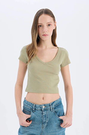 Defacto E0290 Haki Coool Fitted Fitilli Kaşkorse Basic Düz Kısa Kollu Tişört