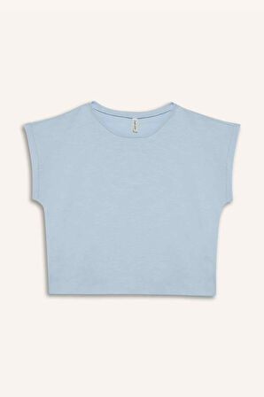 Kız Çocuk Boxy Fit Bisiklet Yaka Basic Düz Kısa Kollu Tişört