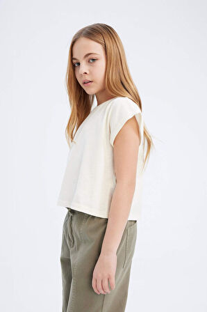 DeFacto Kız Çocuk Boxy Fit Bisiklet Yaka Basic Düz Kısa Kollu Tişört C4511A825SMER99