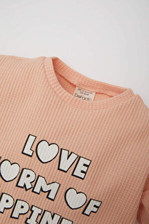 DeFacto Kız Bebek 2'li Takım Waffle Bisiklet Yaka Baskılı Sweatshirt Beli Lastikli Geniş Bol Paça Eşofman Altı E0202A525SPOG577