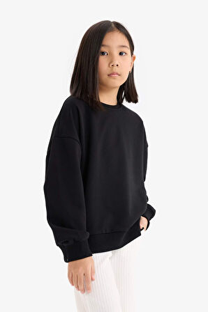 Kız Çocuk Oversize Geniş Kalıp Bisiklet Yaka Sırt Baskılı Sweatshirt