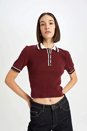 DeFacto Regular Fit Düğmeli Polo Yaka Kısa Kollu Bordo Triko Kazak D4233AX24AUBR467