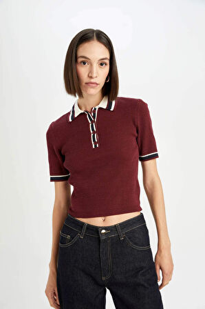 DeFacto Regular Fit Düğmeli Polo Yaka Kısa Kollu Bordo Triko Kazak D4233AX24AUBR467