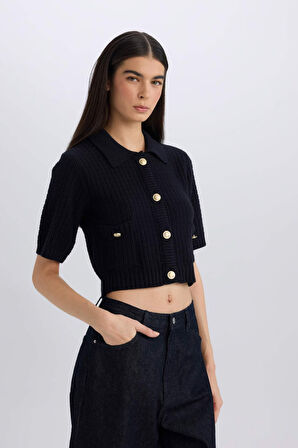 Cropped Fit Gömlek Yaka Hırka