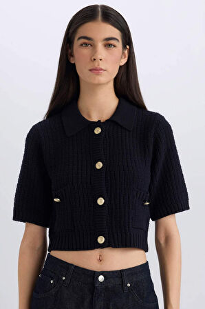 Cropped Fit Gömlek Yaka Düğmeli Triko Kısa Kollu Hırka