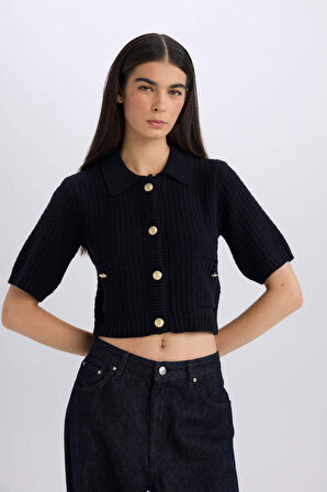 Cropped Fit Gömlek Yaka Düğmeli Triko Kısa Kollu Hırka