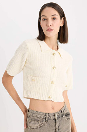 Cropped Fit Gömlek Yaka Hırka