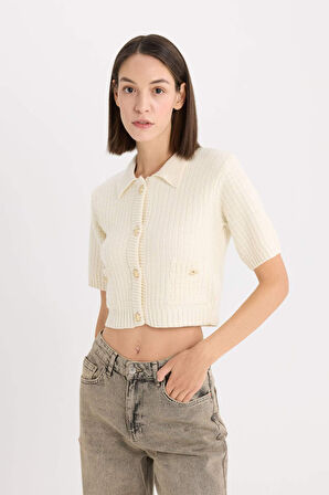 Cropped Fit Gömlek Yaka Hırka