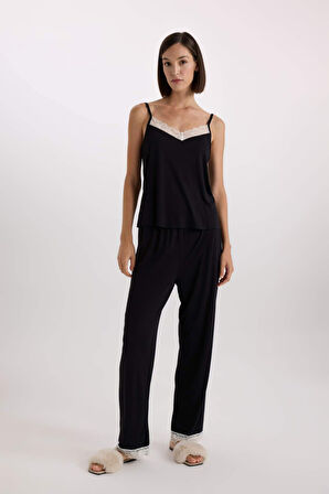 DeFacto Fall in Love Pijama Takım Viskon Askılı Üst Beli Lastikli Uzun Alt E1787AX24WNBK81