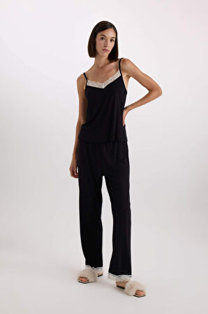 DeFacto Fall in Love Pijama Takım Viskon Askılı Üst Beli Lastikli Uzun Alt E1787AX24WNBK81