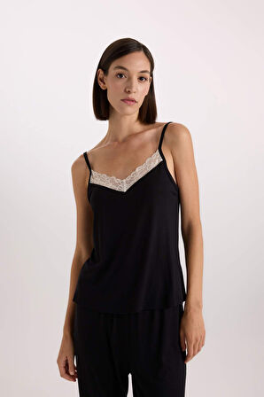 DeFacto Fall in Love Pijama Takım Viskon Askılı Üst Beli Lastikli Uzun Alt E1787AX24WNBK81