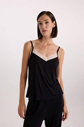 DeFacto Fall in Love Pijama Takım Viskon Askılı Üst Beli Lastikli Uzun Alt E1787AX24WNBK81