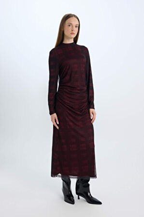 DeFacto Regular Fit Yarım Balıkçı Yaka Desenli Uzun Kollu Maxi Tül Elbise E1959AX24WNBR115