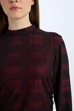 DeFacto Regular Fit Yarım Balıkçı Yaka Desenli Uzun Kollu Maxi Tül Elbise E1959AX24WNBR115