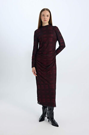 DeFacto Regular Fit Yarım Balıkçı Yaka Desenli Uzun Kollu Maxi Tül Elbise E1959AX24WNBR115