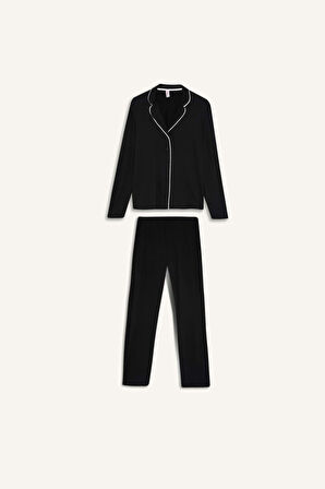 DeFacto Fall in Love Pijama Takımı Regular Fit Uzun Kollu Üst Uzun Alt E1804AX24WNBK81