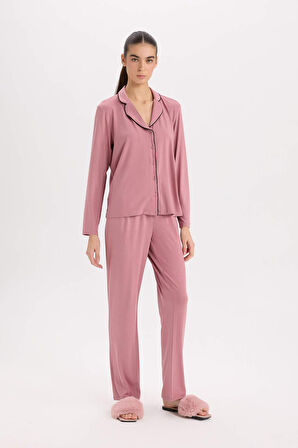 DeFacto Pijama Takımı Regular Fit Uzun Kollu Üst Uzun Alt-Fall in Love E1804AX24WNPN429
