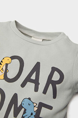 Erkek Bebek Pijama Takımı Dinazor Baskılı Waffle Uzun Kollu Üst Beli Lastikli Uzun Alt