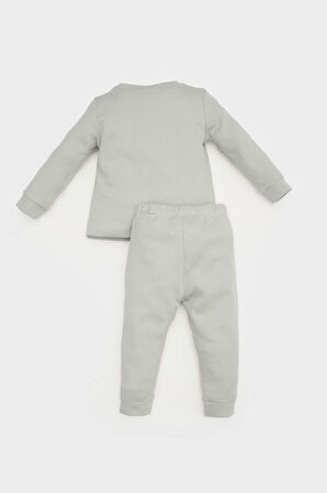 Erkek Bebek Pijama Takımı Dinazor Baskılı Waffle Uzun Kollu Üst Beli Lastikli Uzun Alt