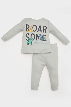 Erkek Bebek Pijama Takımı Dinazor Baskılı Waffle Uzun Kollu Üst Beli Lastikli Uzun Alt