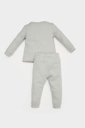 Erkek Bebek Pijama Takımı Dinazor Baskılı Waffle Uzun Kollu Üst Beli Lastikli Uzun Alt