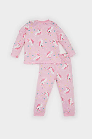 Kız Bebek Unicorn Baskılı Pijama Takımı Uzun Kollu Üst Beli Lastikli Uzun Alt