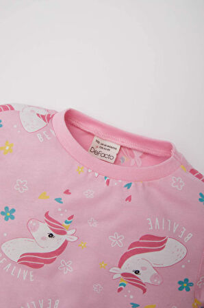 Kız Bebek Unicorn Baskılı Pijama Takımı Uzun Kollu Üst Beli Lastikli Uzun Alt