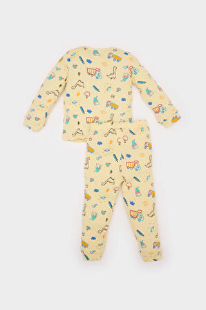 Erkek Bebek Pijama Takımı Araç Baskılı Uzun Kollu Waffle Üst Beli Lastikli Uzun Alt