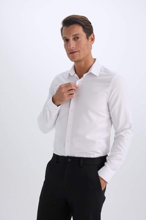 DeFacto Slim Fit Dar Kesim Polo Yaka Kolay Ütülenen Oxford Basic Düz Uzun Kollu Gömlek R4340AZ25SPWT36