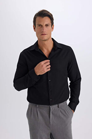 Slim Fit Dar Kesim Polo Yaka Oxford Basic Düz Uzun Kollu Gömlek