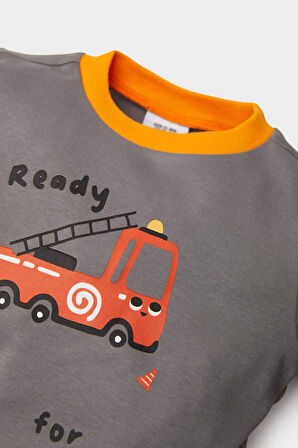 Erkek Bebek Pijama Takımı Araç Baskılı Uzun Kollu Üst Beli Lastikli Uzun Alt