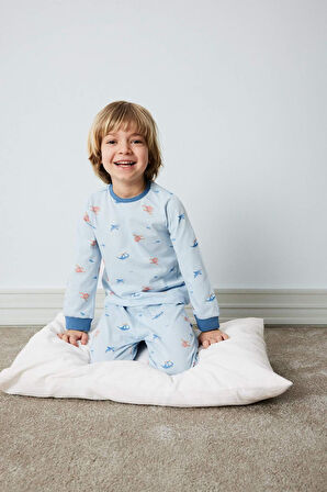 Erkek Bebek Pijama Takımı Penye Desenli Uzun Kollu Üst Beli Lastikli Uzun Alt 