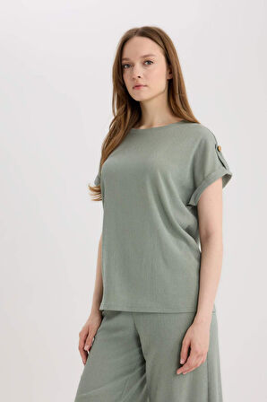 Regular Fit Bisiklet Yaka Bürümcük Kısa Kollu Tişört