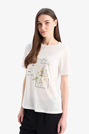 Regular Fit Bisiklet Yaka Çiçekli Kısa Kollu Tişört