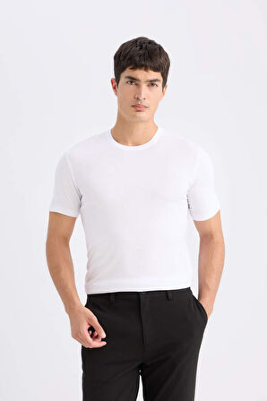DeFacto Slim Fit Dar Kesim Bisiklet Yaka Modal Karışımlı Pamuklu Basic Düz Kısa Kollu Beyaz Tişört M6606AZ24AUWT34