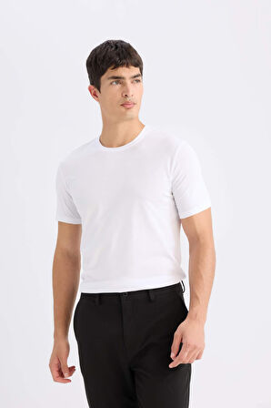 DeFacto Slim Fit Dar Kesim Bisiklet Yaka Modal Karışımlı Pamuklu Basic Düz Kısa Kollu Beyaz Tişört M6606AZ24AUWT34