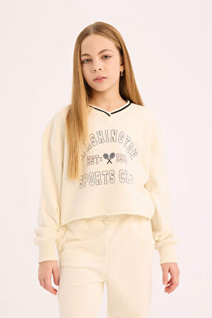 Kız Çocuk 2'li Takım Baskılı Sweatshirt Beli Paçası Lastikli Eşofman Altı