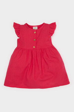 Kız Bebek Basic Düz Kısa Kollu Flamlı Poplin Elbise