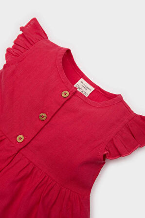 Kız Bebek Basic Düz Kısa Kollu Flamlı Poplin Elbise