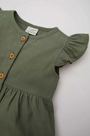 Kız Bebek Basic Düz Kısa Kollu Flamlı Poplin Elbise