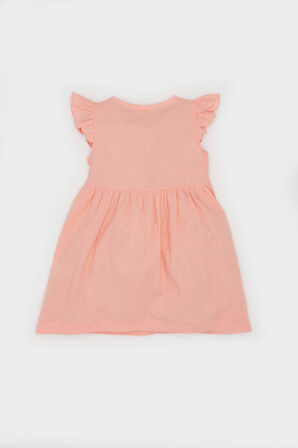 Kız Bebek Basic Düz Kısa Kollu Flamlı Poplin Elbise